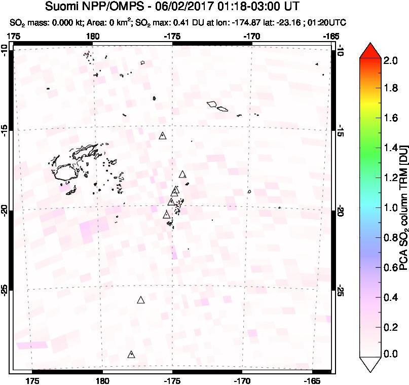A sulfur dioxide image over Tonga, South Pacific on Jun 02, 2017.