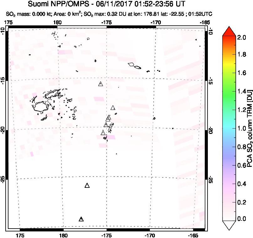 A sulfur dioxide image over Tonga, South Pacific on Jun 11, 2017.