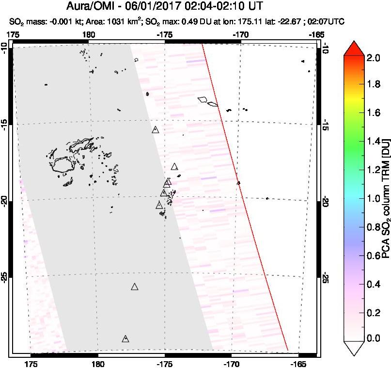 A sulfur dioxide image over Tonga, South Pacific on Jun 01, 2017.