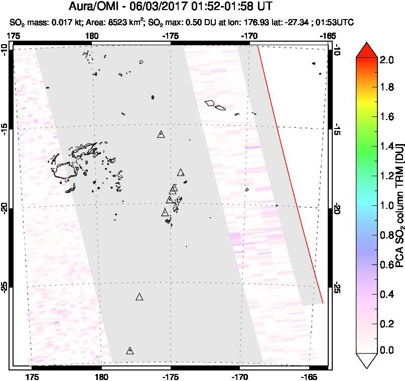A sulfur dioxide image over Tonga, South Pacific on Jun 03, 2017.
