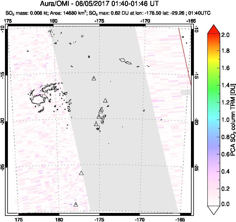 A sulfur dioxide image over Tonga, South Pacific on Jun 05, 2017.