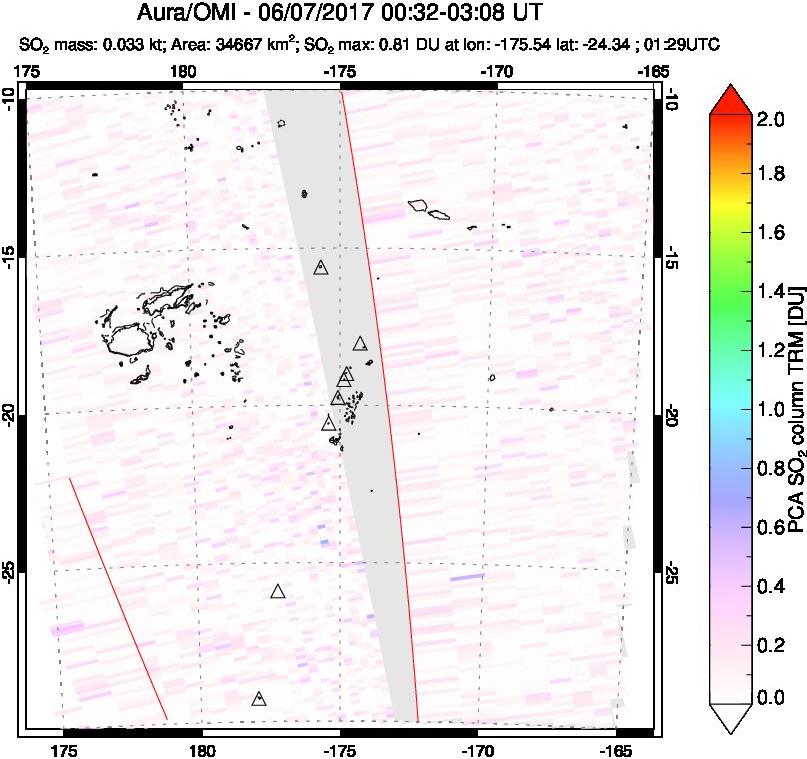 A sulfur dioxide image over Tonga, South Pacific on Jun 07, 2017.