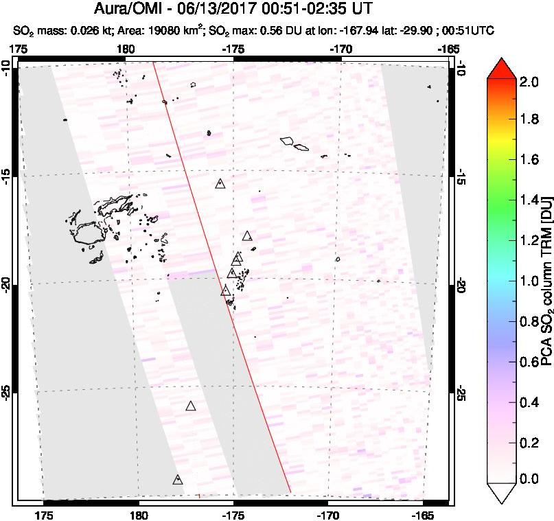 A sulfur dioxide image over Tonga, South Pacific on Jun 13, 2017.