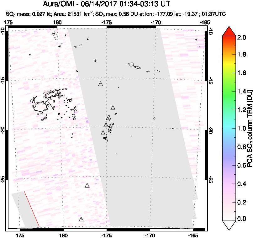 A sulfur dioxide image over Tonga, South Pacific on Jun 14, 2017.