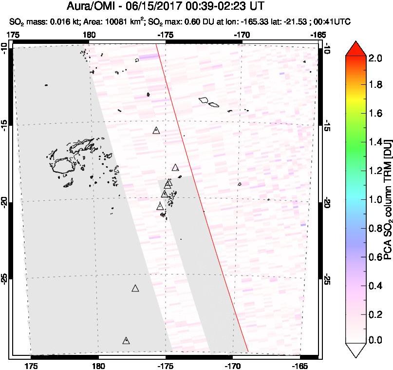 A sulfur dioxide image over Tonga, South Pacific on Jun 15, 2017.