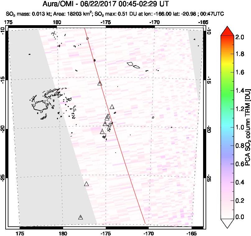A sulfur dioxide image over Tonga, South Pacific on Jun 22, 2017.