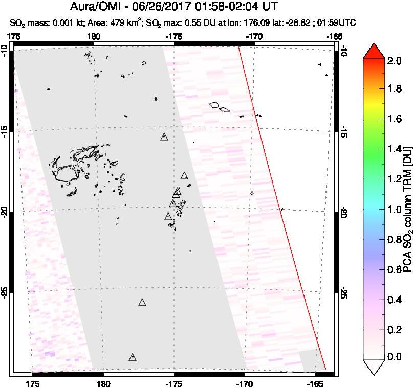 A sulfur dioxide image over Tonga, South Pacific on Jun 26, 2017.