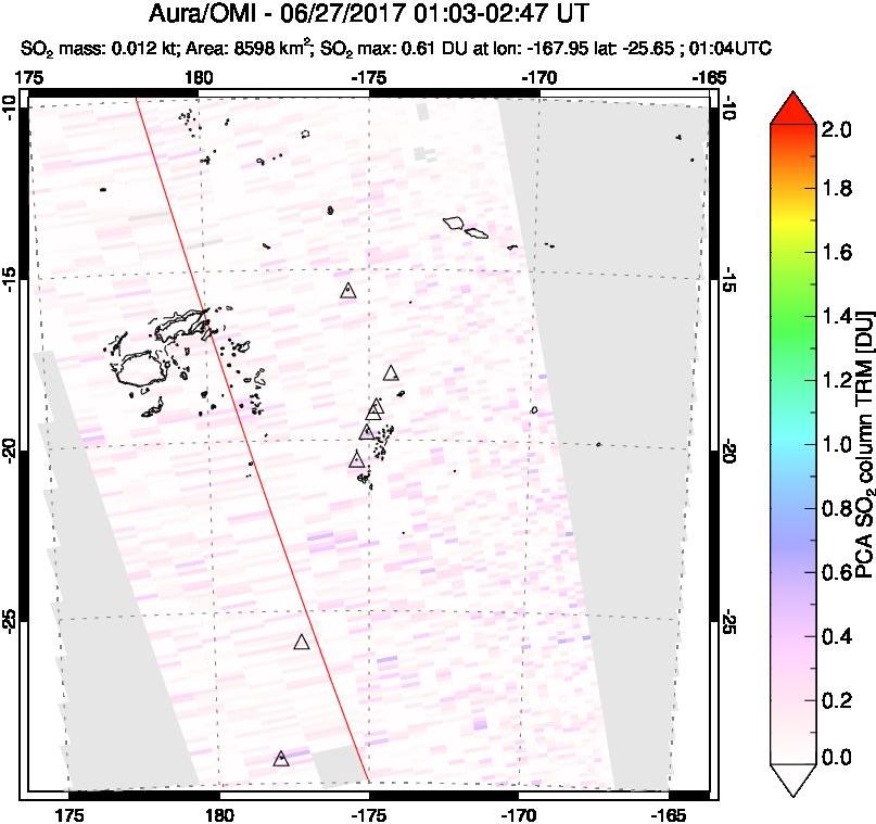 A sulfur dioxide image over Tonga, South Pacific on Jun 27, 2017.