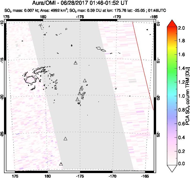 A sulfur dioxide image over Tonga, South Pacific on Jun 28, 2017.