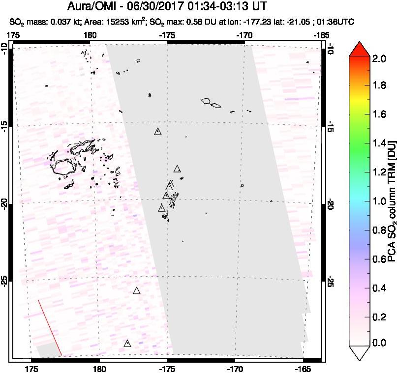 A sulfur dioxide image over Tonga, South Pacific on Jun 30, 2017.