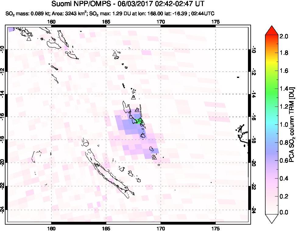 A sulfur dioxide image over Vanuatu, South Pacific on Jun 03, 2017.