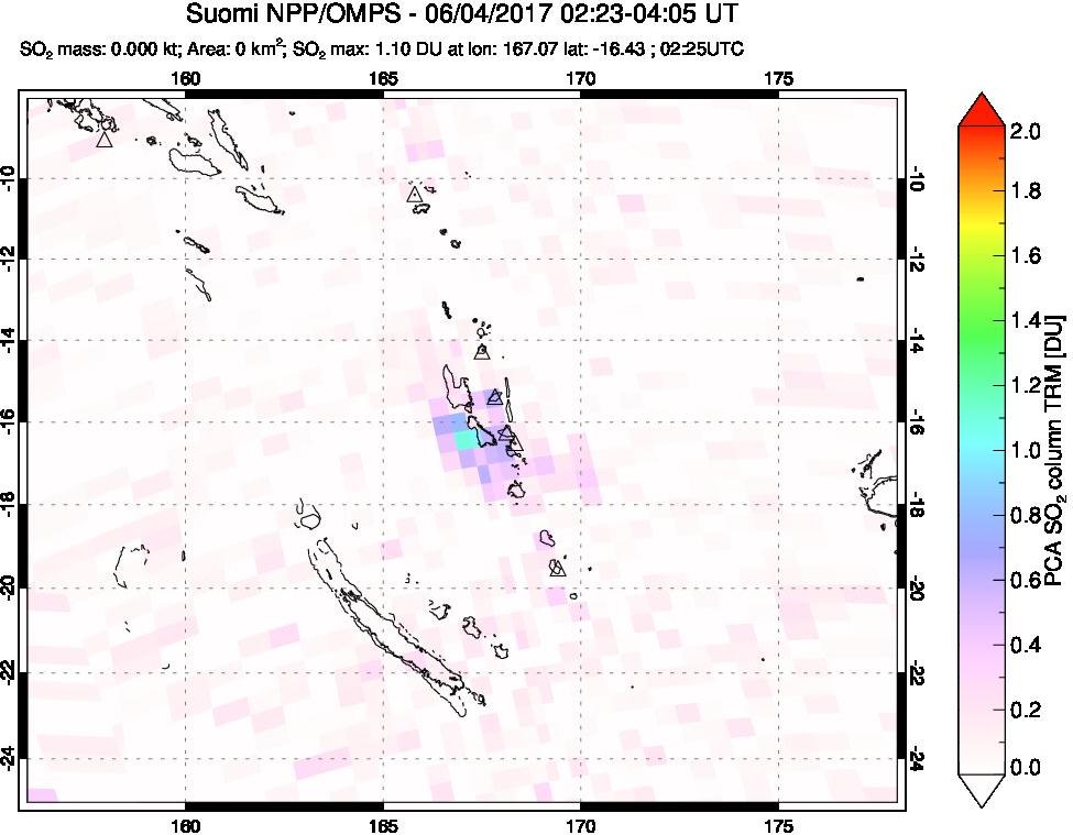 A sulfur dioxide image over Vanuatu, South Pacific on Jun 04, 2017.