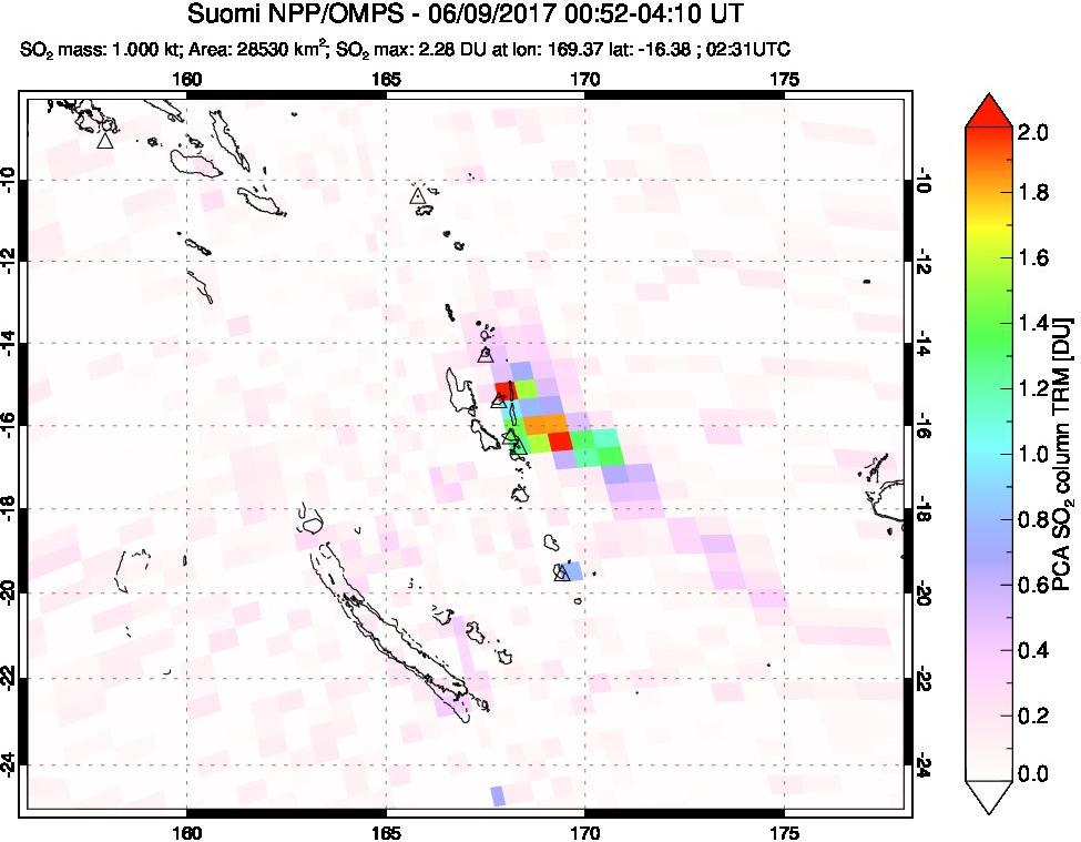 A sulfur dioxide image over Vanuatu, South Pacific on Jun 09, 2017.