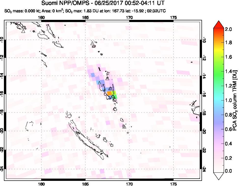 A sulfur dioxide image over Vanuatu, South Pacific on Jun 25, 2017.