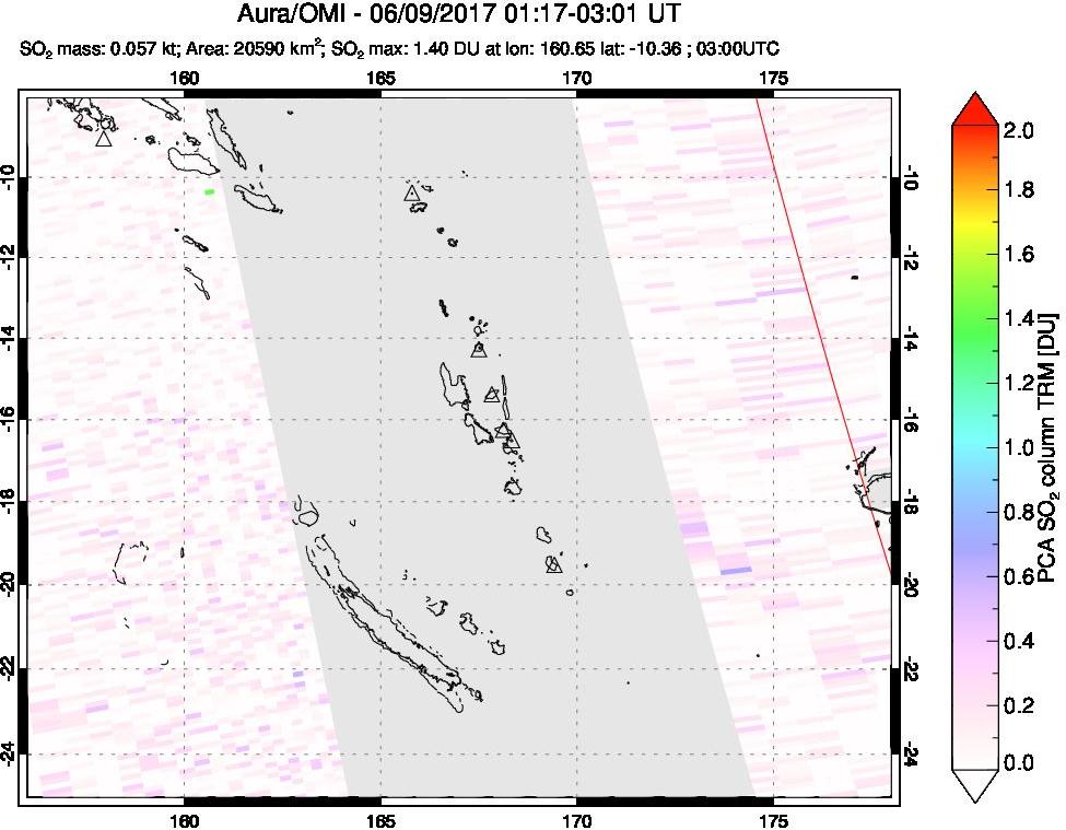 A sulfur dioxide image over Vanuatu, South Pacific on Jun 09, 2017.