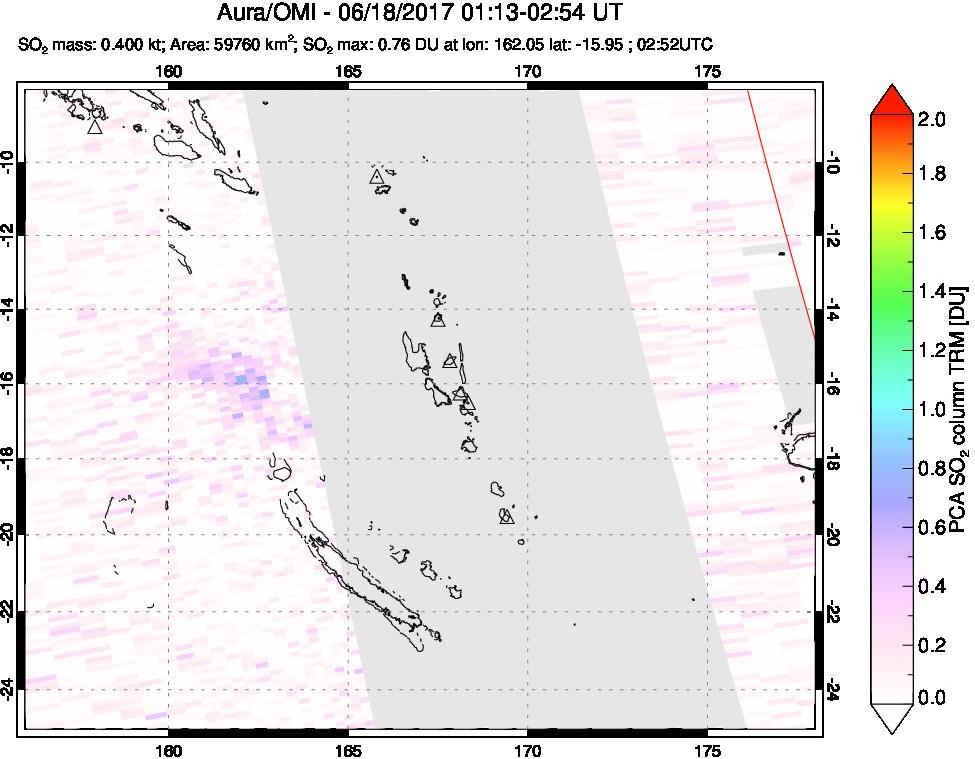 A sulfur dioxide image over Vanuatu, South Pacific on Jun 18, 2017.