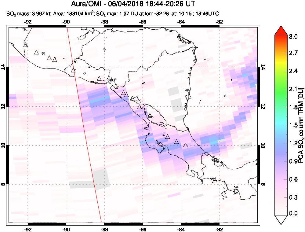 A sulfur dioxide image over Central America on Jun 04, 2018.