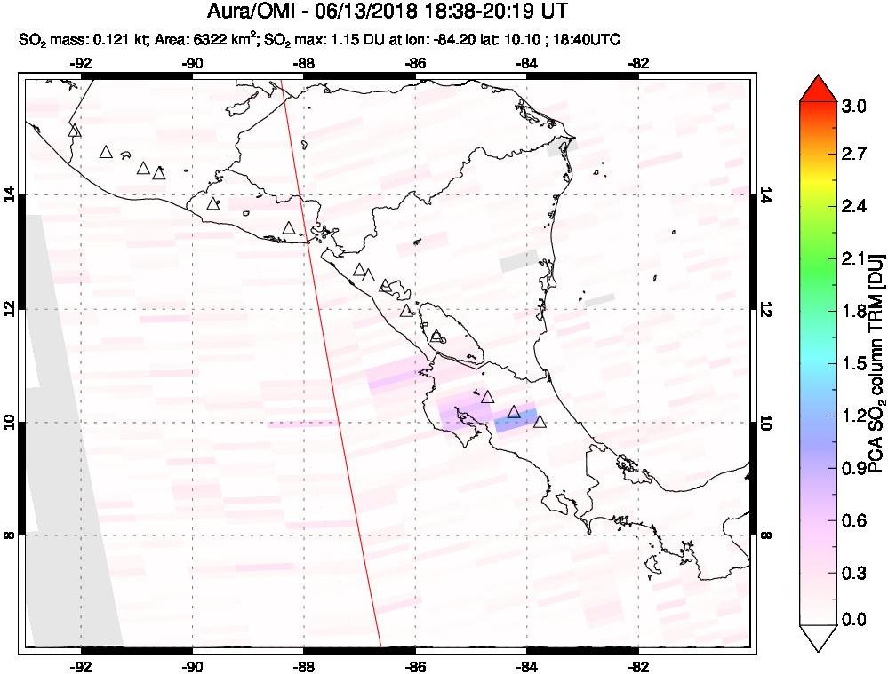 A sulfur dioxide image over Central America on Jun 13, 2018.