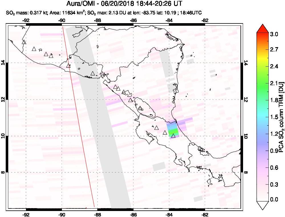 A sulfur dioxide image over Central America on Jun 20, 2018.