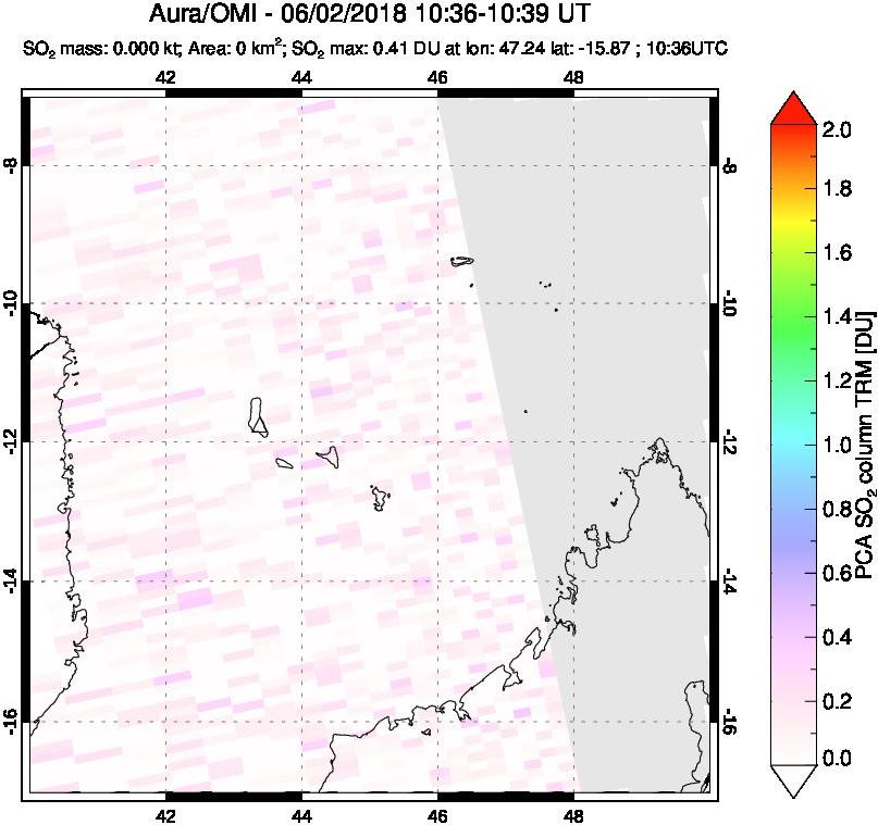 A sulfur dioxide image over Comoro Islands on Jun 02, 2018.
