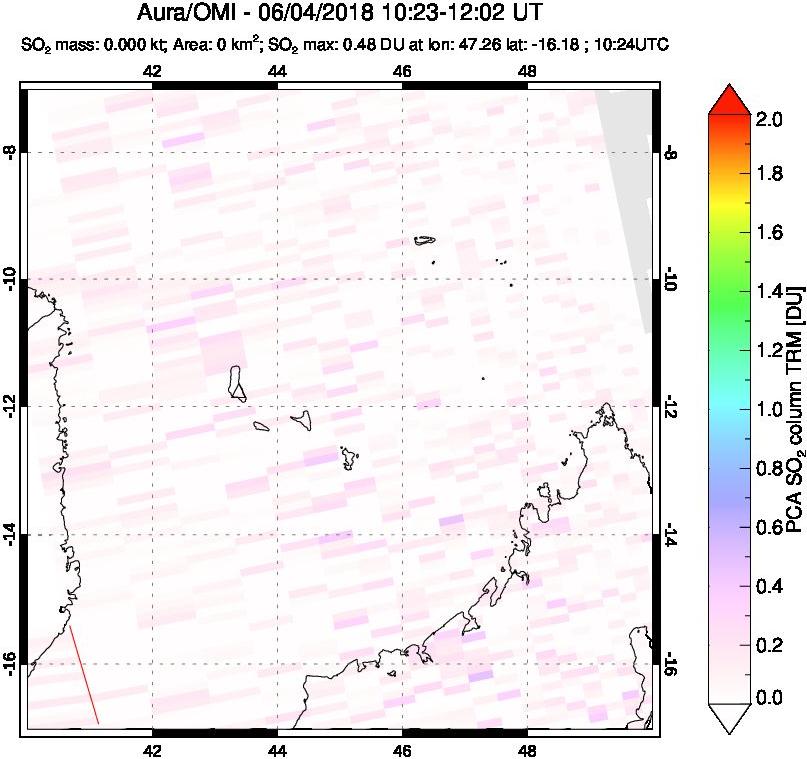 A sulfur dioxide image over Comoro Islands on Jun 04, 2018.