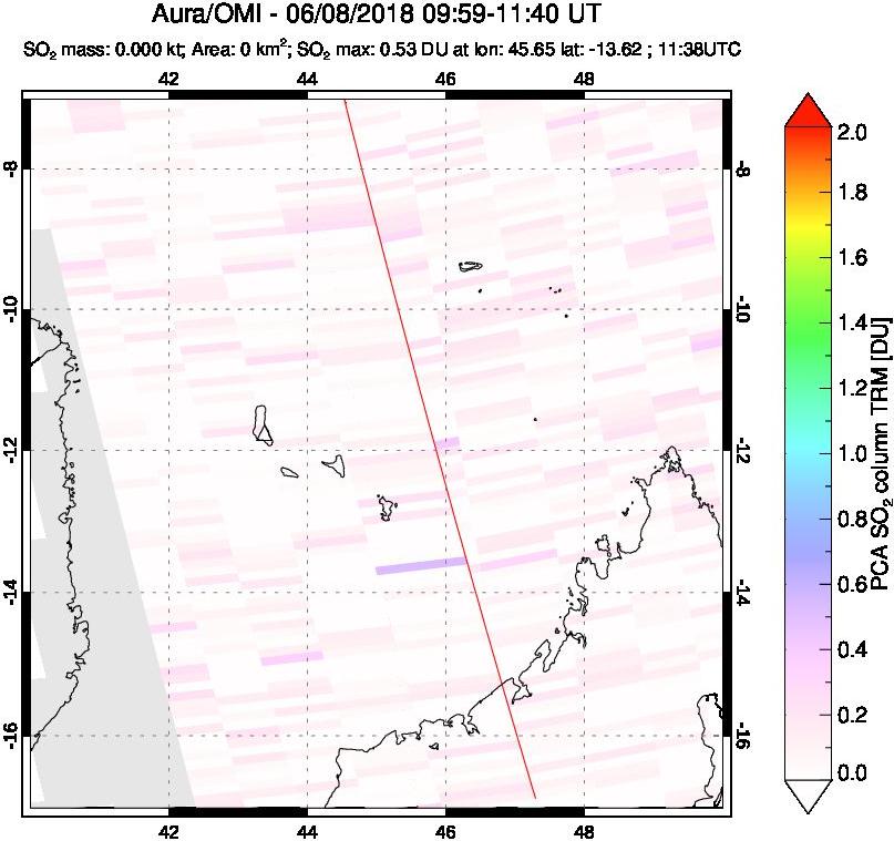 A sulfur dioxide image over Comoro Islands on Jun 08, 2018.