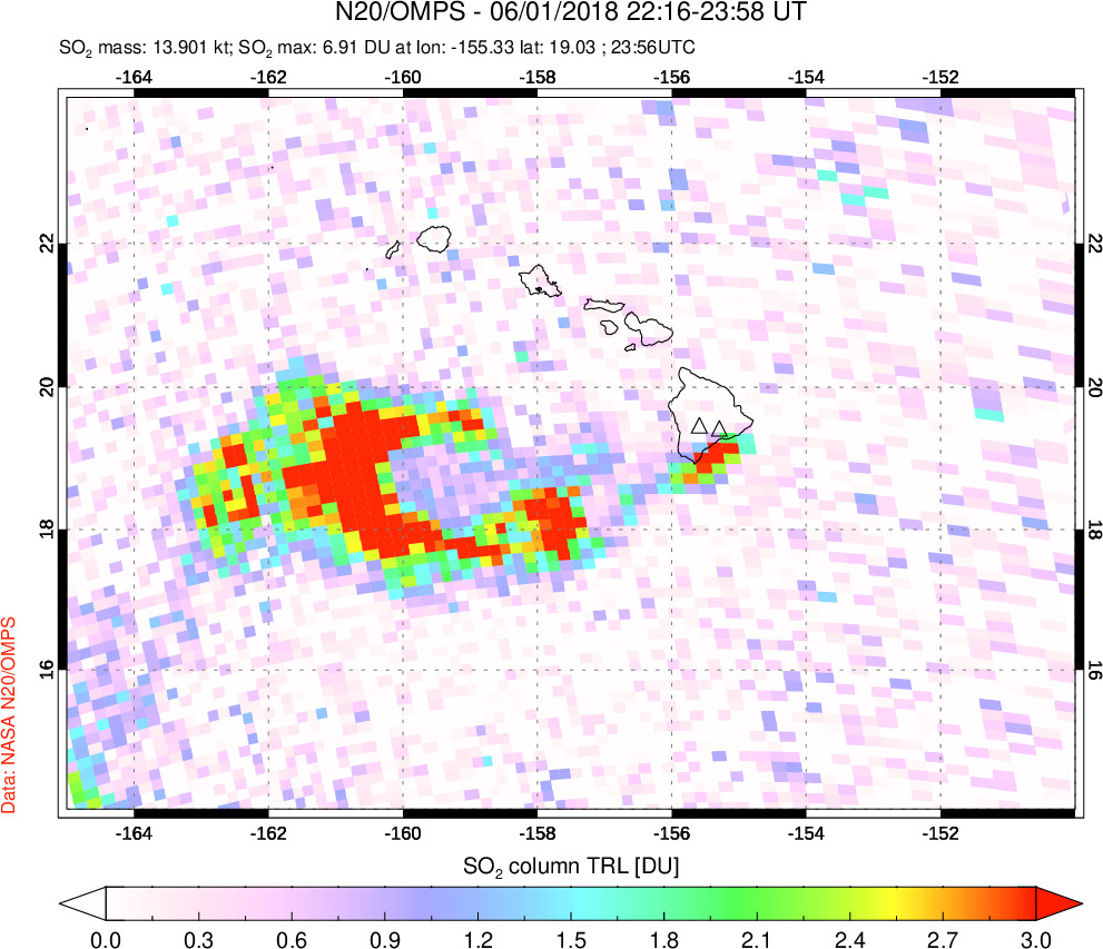 A sulfur dioxide image over Hawaii, USA on Jun 01, 2018.