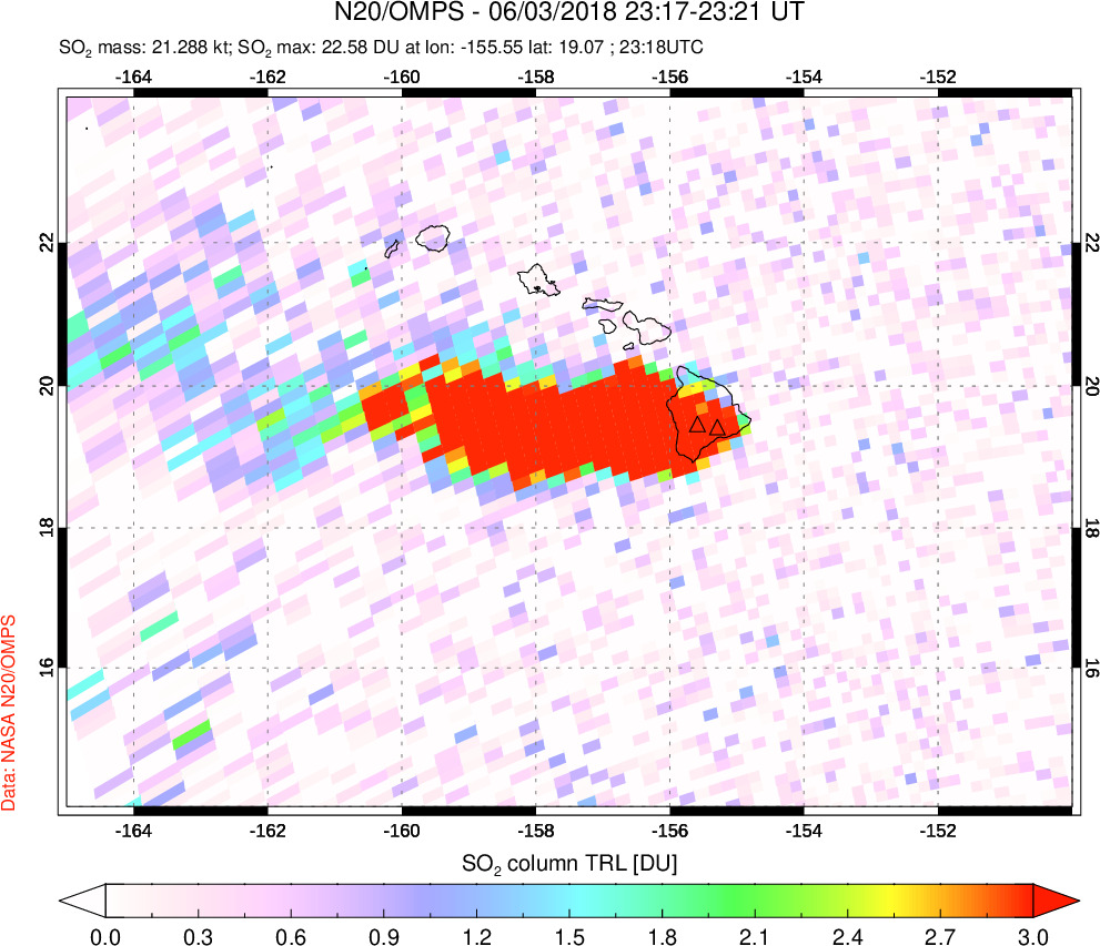 A sulfur dioxide image over Hawaii, USA on Jun 03, 2018.