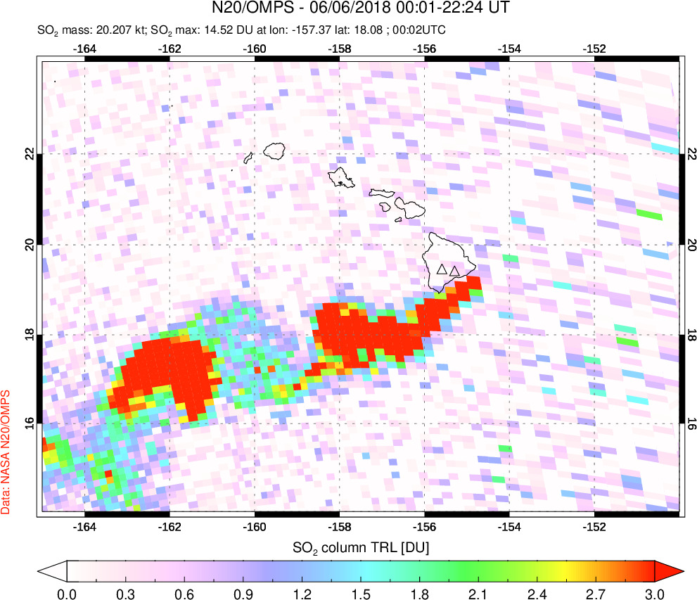 A sulfur dioxide image over Hawaii, USA on Jun 06, 2018.
