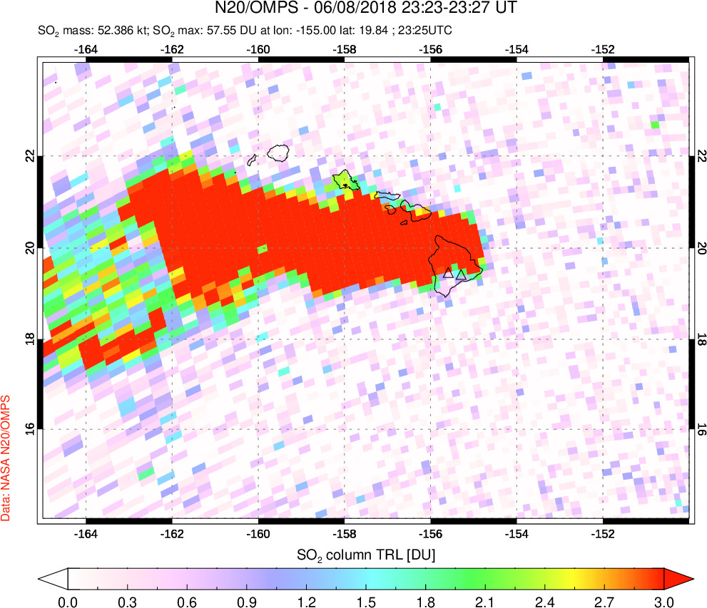A sulfur dioxide image over Hawaii, USA on Jun 08, 2018.