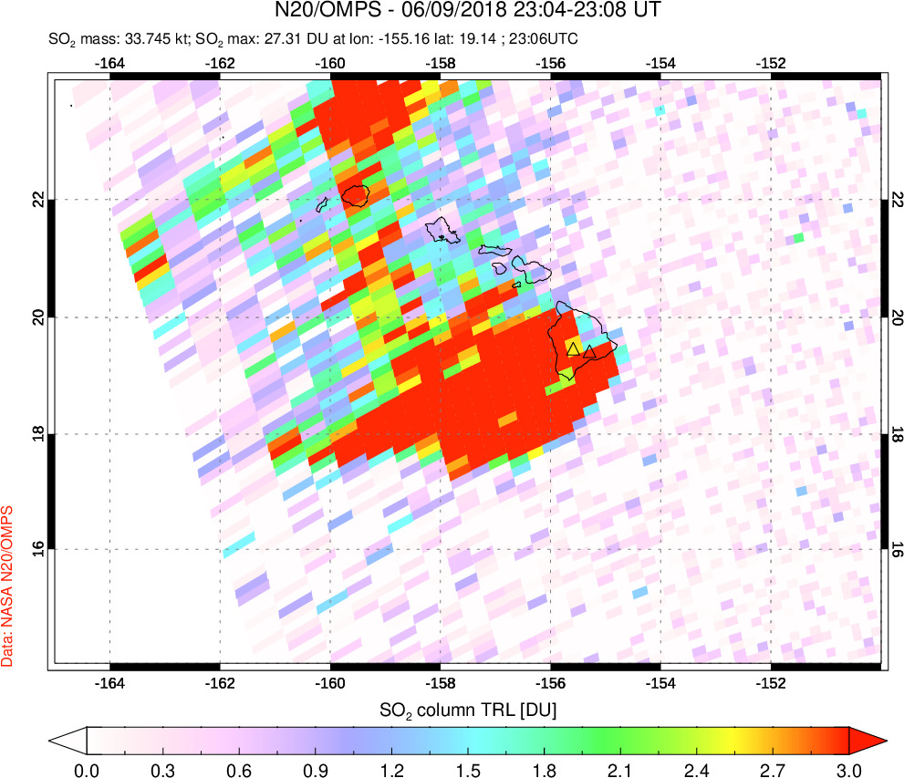 A sulfur dioxide image over Hawaii, USA on Jun 09, 2018.