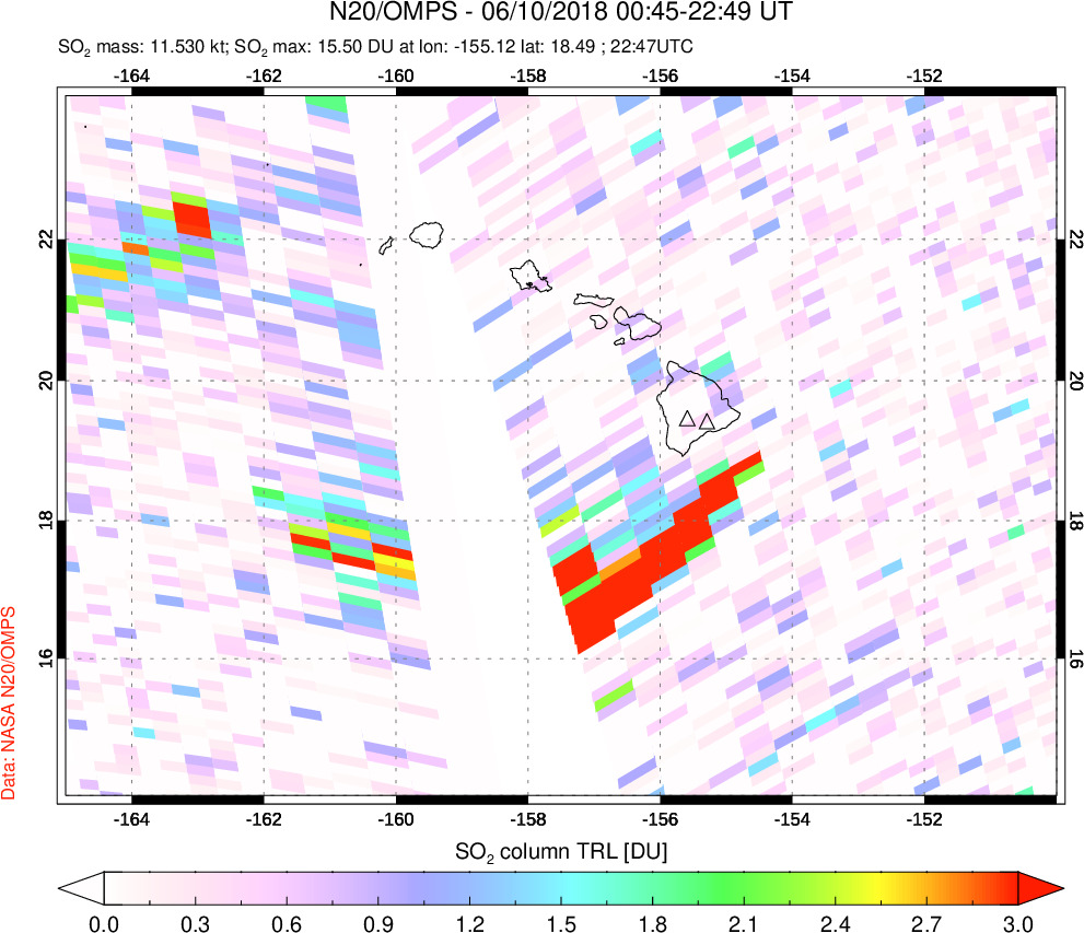A sulfur dioxide image over Hawaii, USA on Jun 10, 2018.