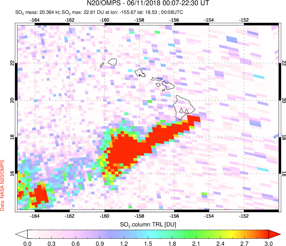A sulfur dioxide image over Hawaii, USA on Jun 11, 2018.