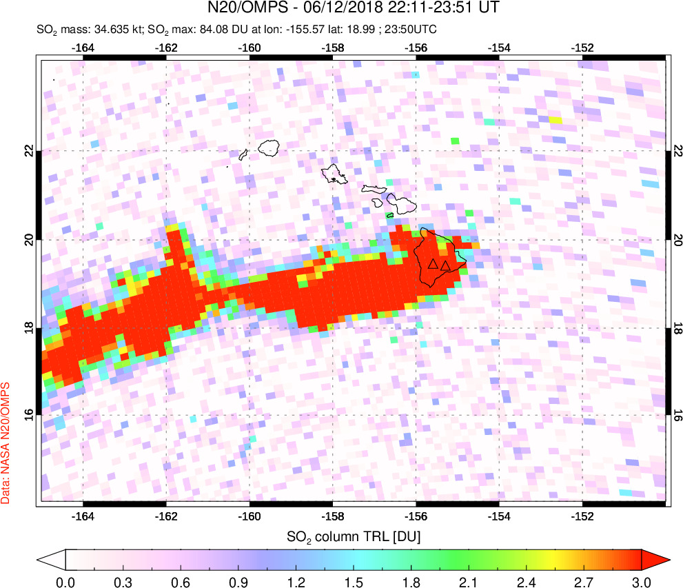 A sulfur dioxide image over Hawaii, USA on Jun 12, 2018.