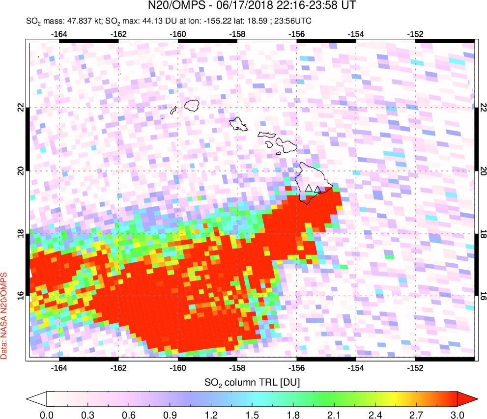 A sulfur dioxide image over Hawaii, USA on Jun 17, 2018.