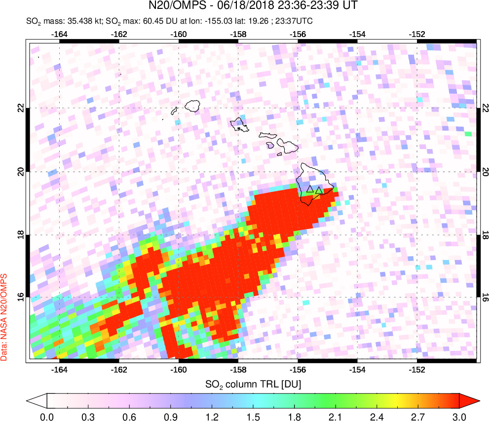 A sulfur dioxide image over Hawaii, USA on Jun 18, 2018.