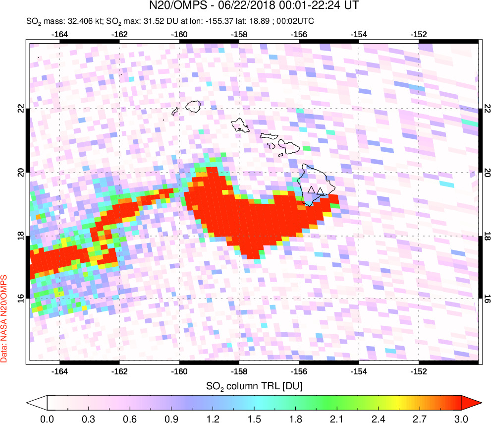 A sulfur dioxide image over Hawaii, USA on Jun 22, 2018.