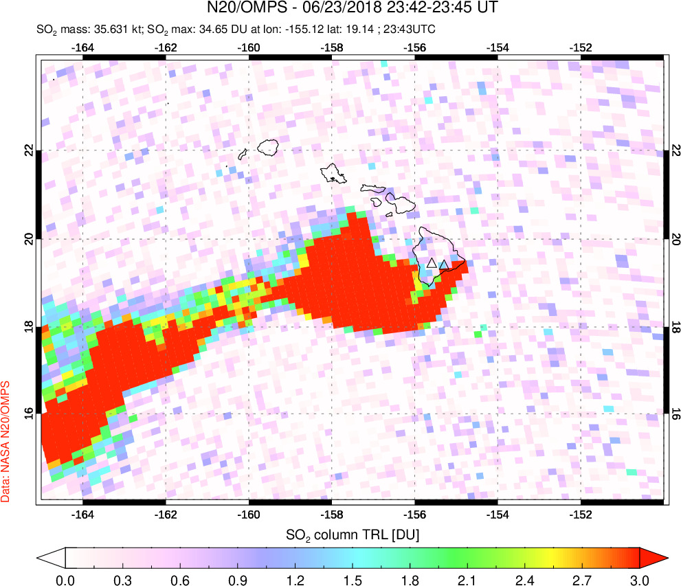 A sulfur dioxide image over Hawaii, USA on Jun 23, 2018.