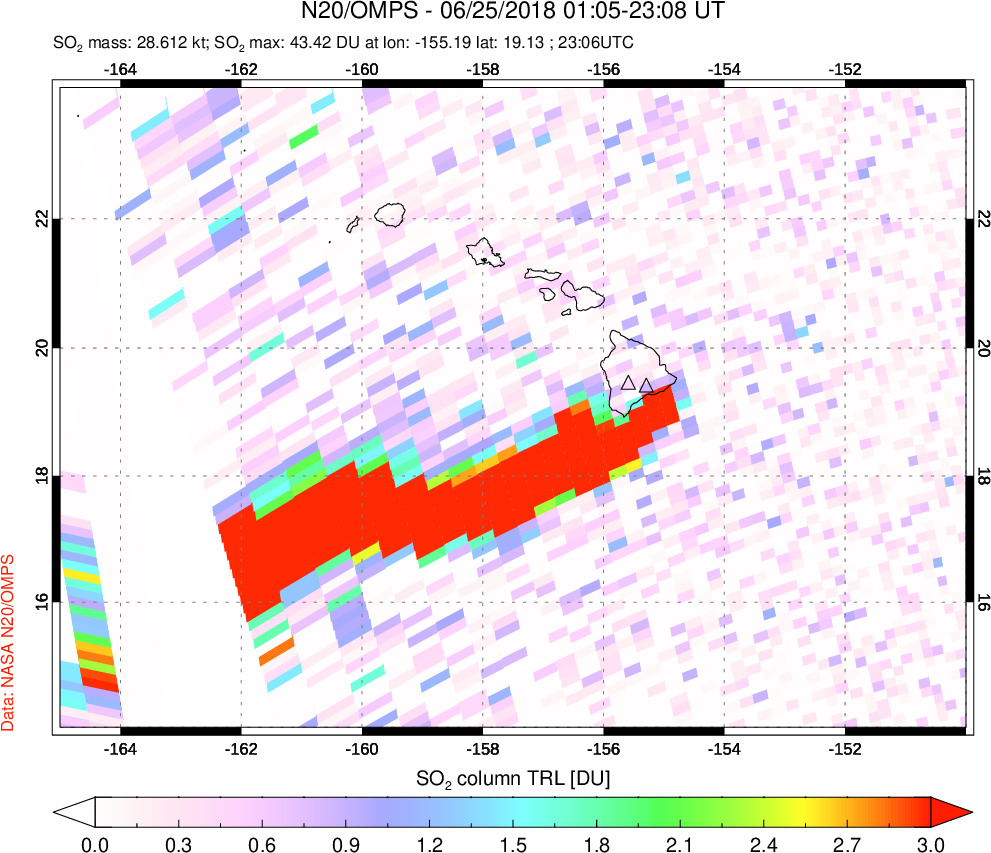 A sulfur dioxide image over Hawaii, USA on Jun 25, 2018.