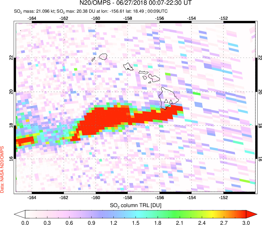 A sulfur dioxide image over Hawaii, USA on Jun 27, 2018.