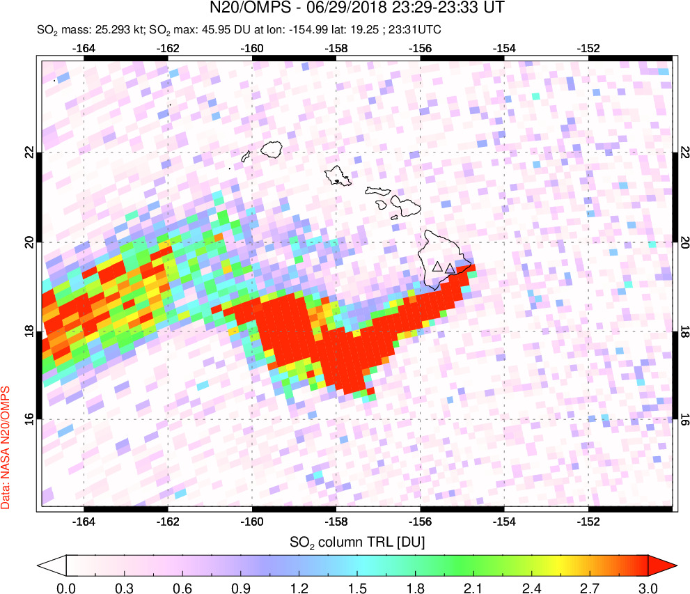 A sulfur dioxide image over Hawaii, USA on Jun 29, 2018.