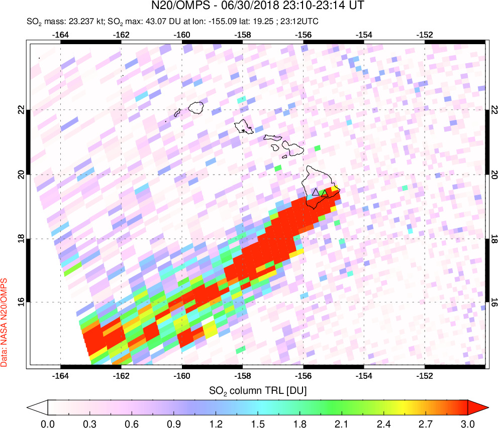 A sulfur dioxide image over Hawaii, USA on Jun 30, 2018.