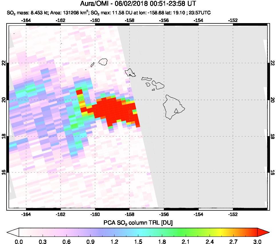 A sulfur dioxide image over Hawaii, USA on Jun 02, 2018.