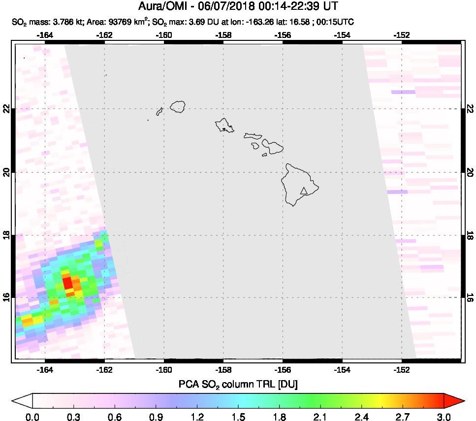 A sulfur dioxide image over Hawaii, USA on Jun 07, 2018.