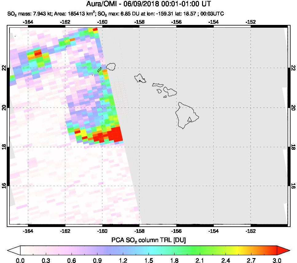 A sulfur dioxide image over Hawaii, USA on Jun 09, 2018.