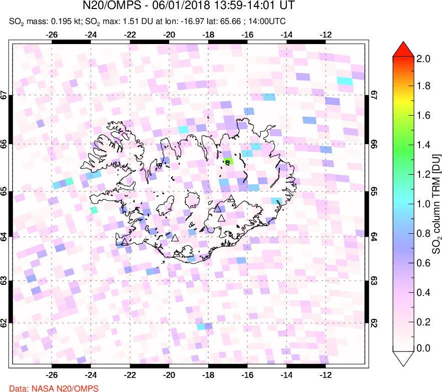 A sulfur dioxide image over Iceland on Jun 01, 2018.