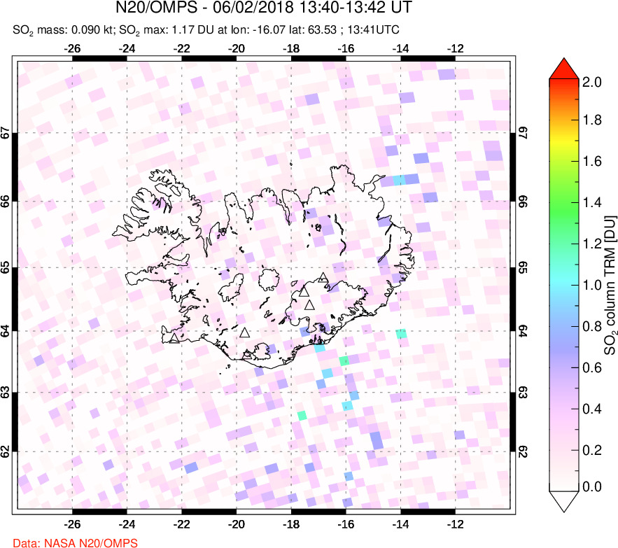 A sulfur dioxide image over Iceland on Jun 02, 2018.