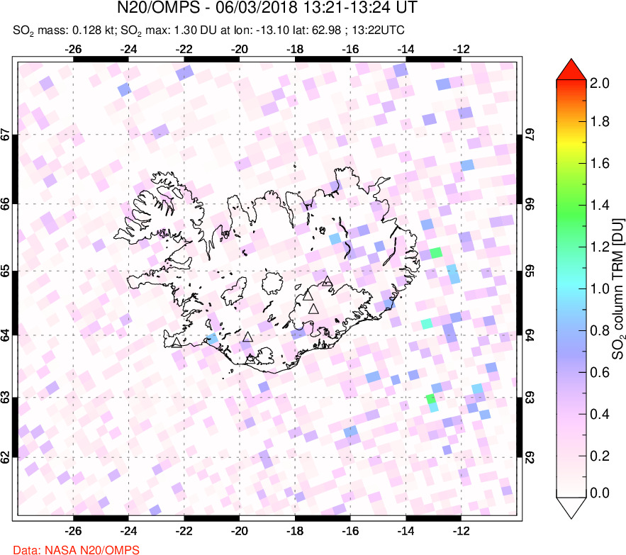 A sulfur dioxide image over Iceland on Jun 03, 2018.