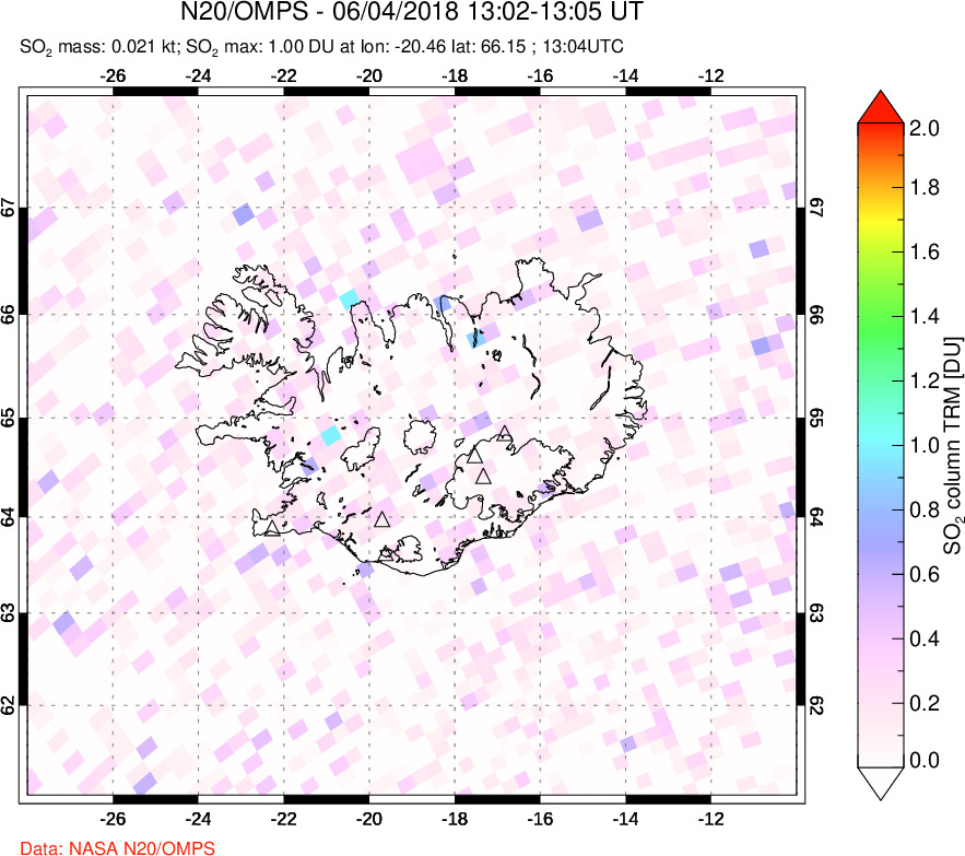 A sulfur dioxide image over Iceland on Jun 04, 2018.