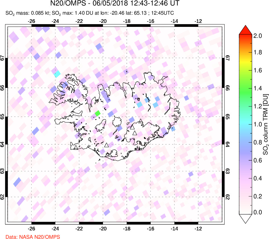 A sulfur dioxide image over Iceland on Jun 05, 2018.